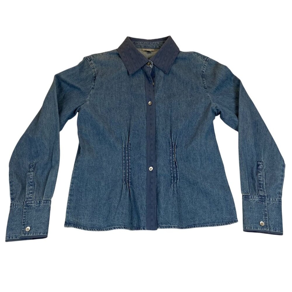 J. Jill Women's Denim Button-Up Shirt XS With Long Sleeves & Contrast Collar